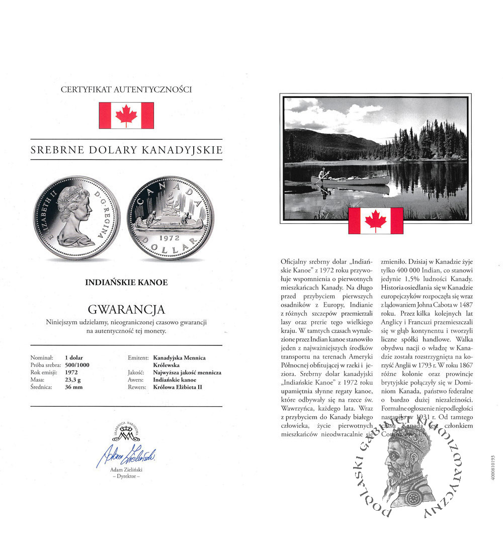 Kanada, Elżbieta II (1952-2022). 1 dolar 1972, Indiańskie kanoe, Kolekcja: "Srebrne dolary kanadyjskie"
