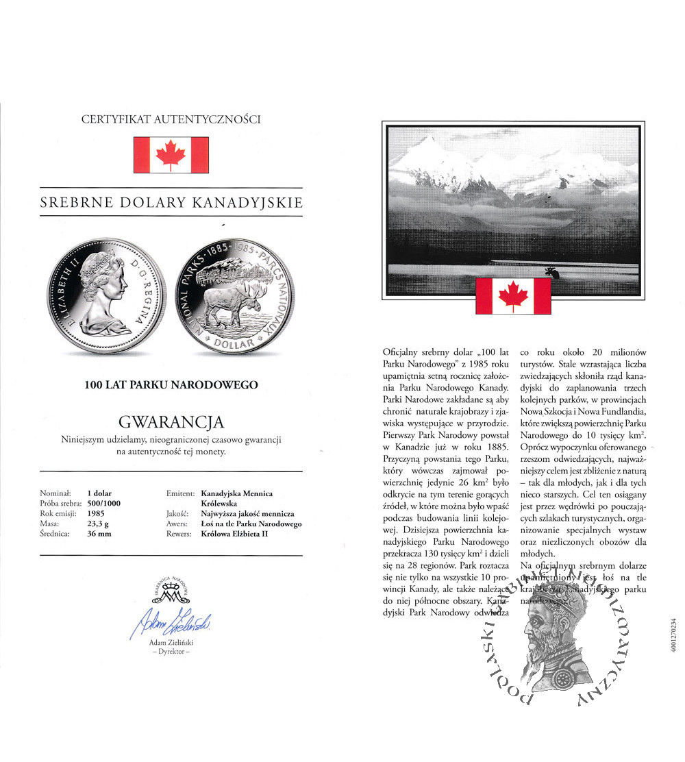 Canada, Elizabeth II (1952-2022). 1 Dollar 1985, 100 Years of National Parks, Collection: “Silver Canadian Dollars” - Proof