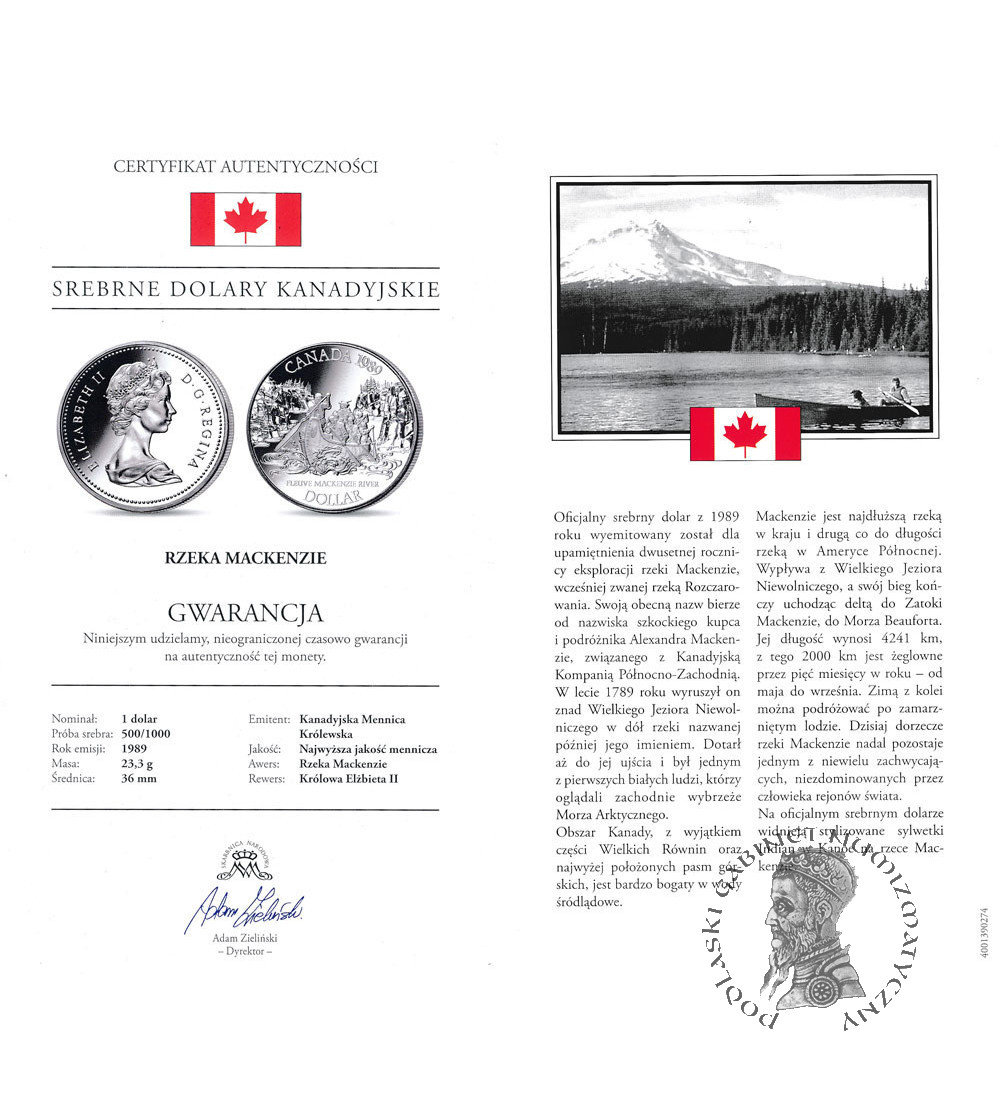 Kanada, Elżbieta II (1952-2022). 1 dolar 1989, Rzeka Mackenzie, Kolekcja: "Srebrne dolary kanadyjskie"