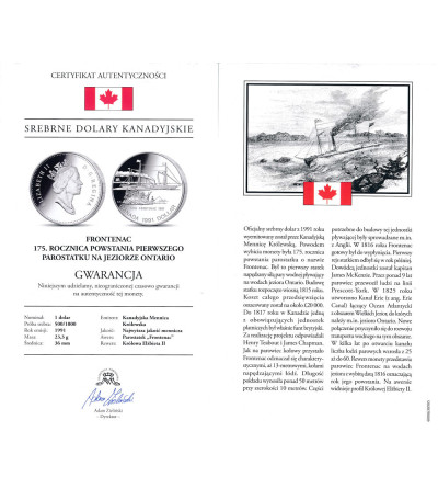 Kanada, Elżbieta II (1952-2022). 1 dolar 1991, 175 rocznica powstania S.S. Frontenac, Kolekcja: "Srebrne dolary kanadyjskie" - Proof