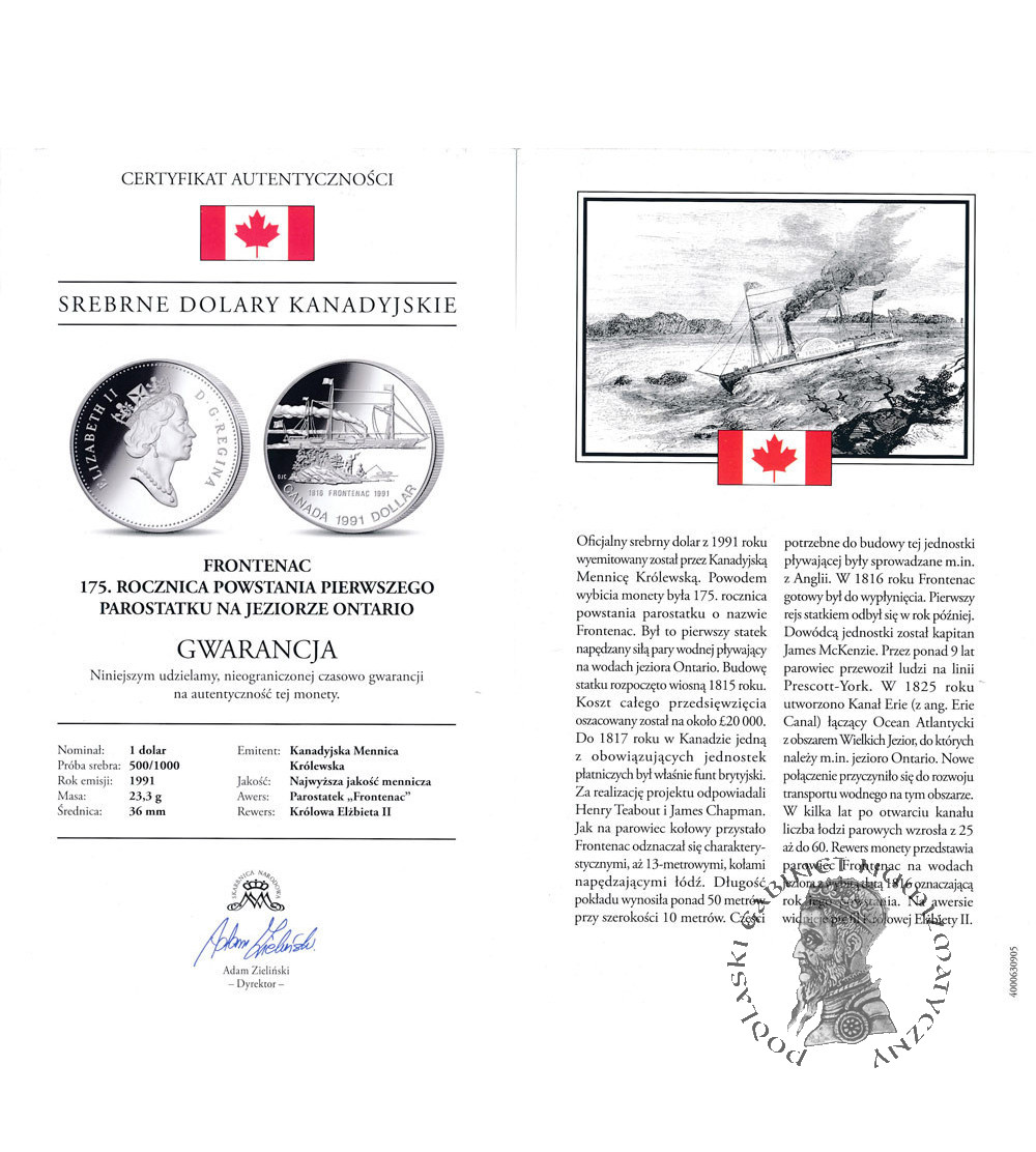 Kanada, Elżbieta II (1952-2022). 1 dolar 1991, 175 rocznica powstania S.S. Frontenac, Kolekcja: "Srebrne dolary kanadyjskie" - Proof