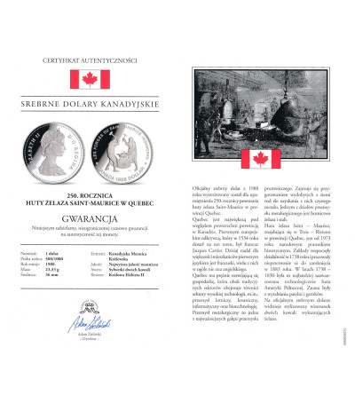 Kanada, Elżbieta II (1952-2022). 1 dolar 1988, 250 rocznica powstania Huty Żelaza w Saint-Maurice w Quebec - Proof