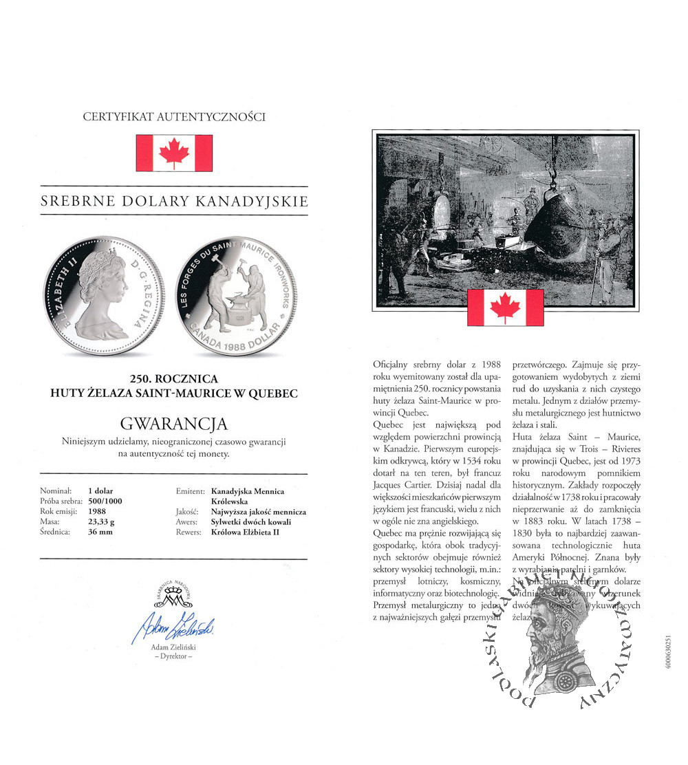 Kanada, Elżbieta II (1952-2022). 1 dolar 1988, 250 rocznica powstania Huty Żelaza w Saint-Maurice w Quebec - Proof