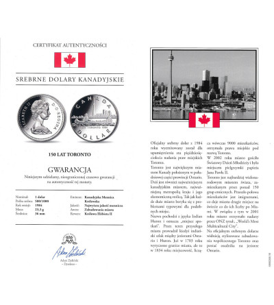 Kanada, Elżbieta II (1952-2022). 1 dolar 1984, 150 rocznica powstania miasta Toronto, Kolekcja: "Srebrne dolary kanadyjskie"
