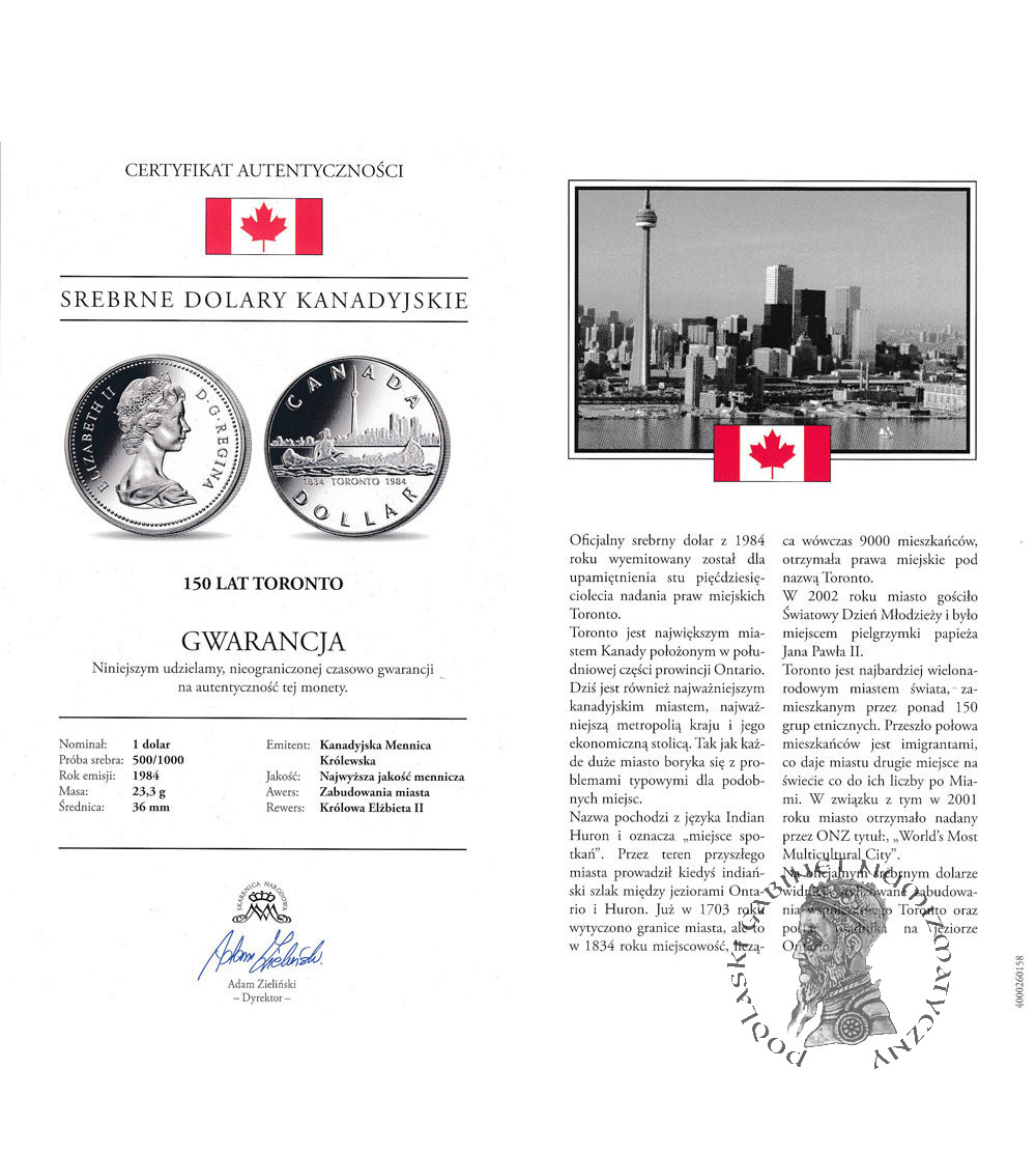 Canada, Elizabeth II (1952-2022). 1 Dollar 1984, 150th Anniversary of Toronto