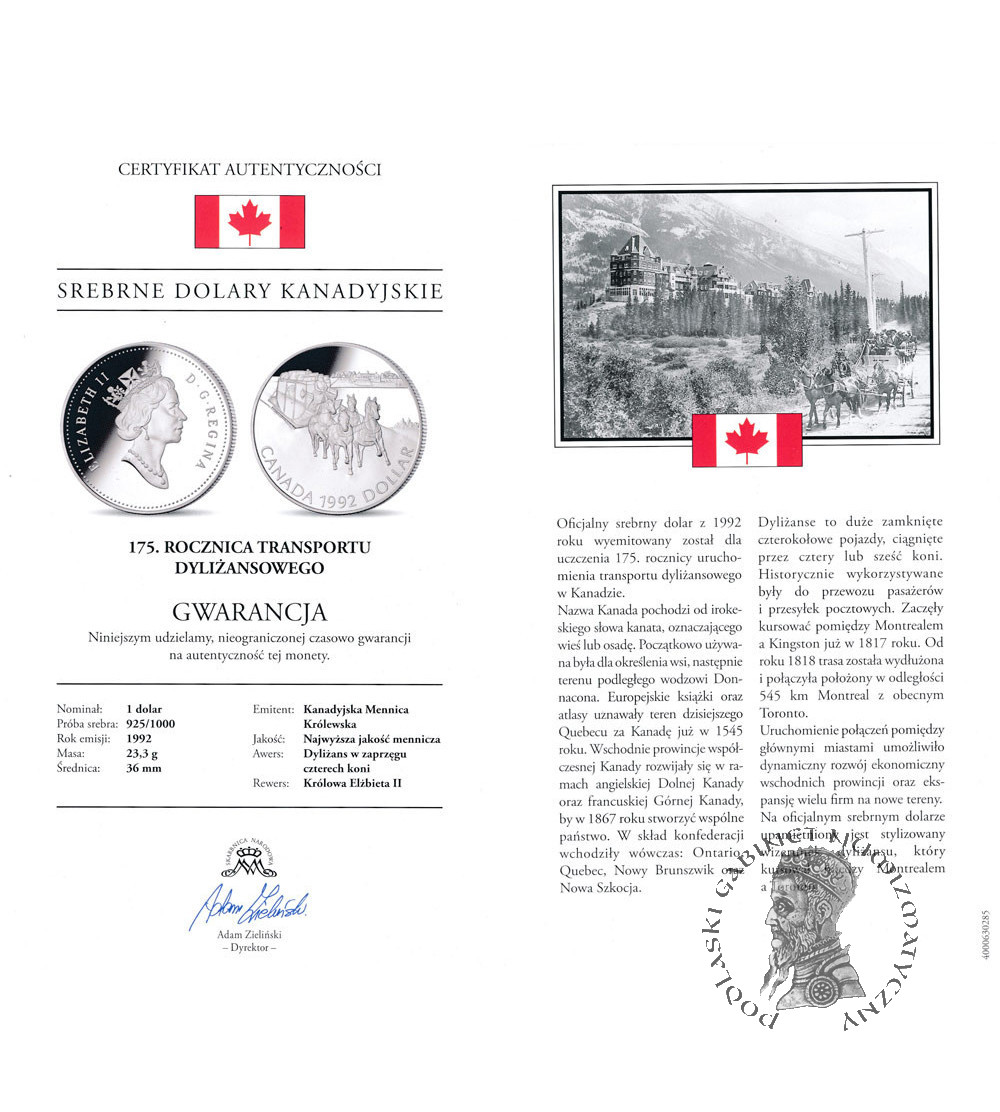 Kanada, Elżbieta II (1952-2022). 1 dolar 1992, 175 rocznica Transportu Dyliżansowego, Kolekcja: "Srebrne dolary kanadyjskie" - Proof