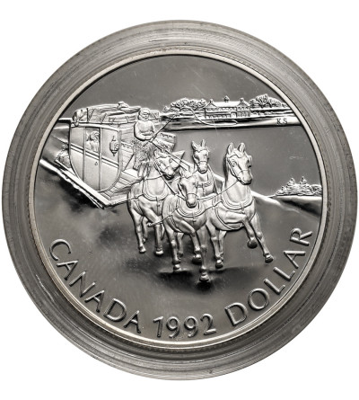 Kanada, Elżbieta II (1952-2022). 1 dolar 1992, 175 rocznica Transportu Dyliżansowego, Kolekcja: "Srebrne dolary kanadyjskie" - Proof