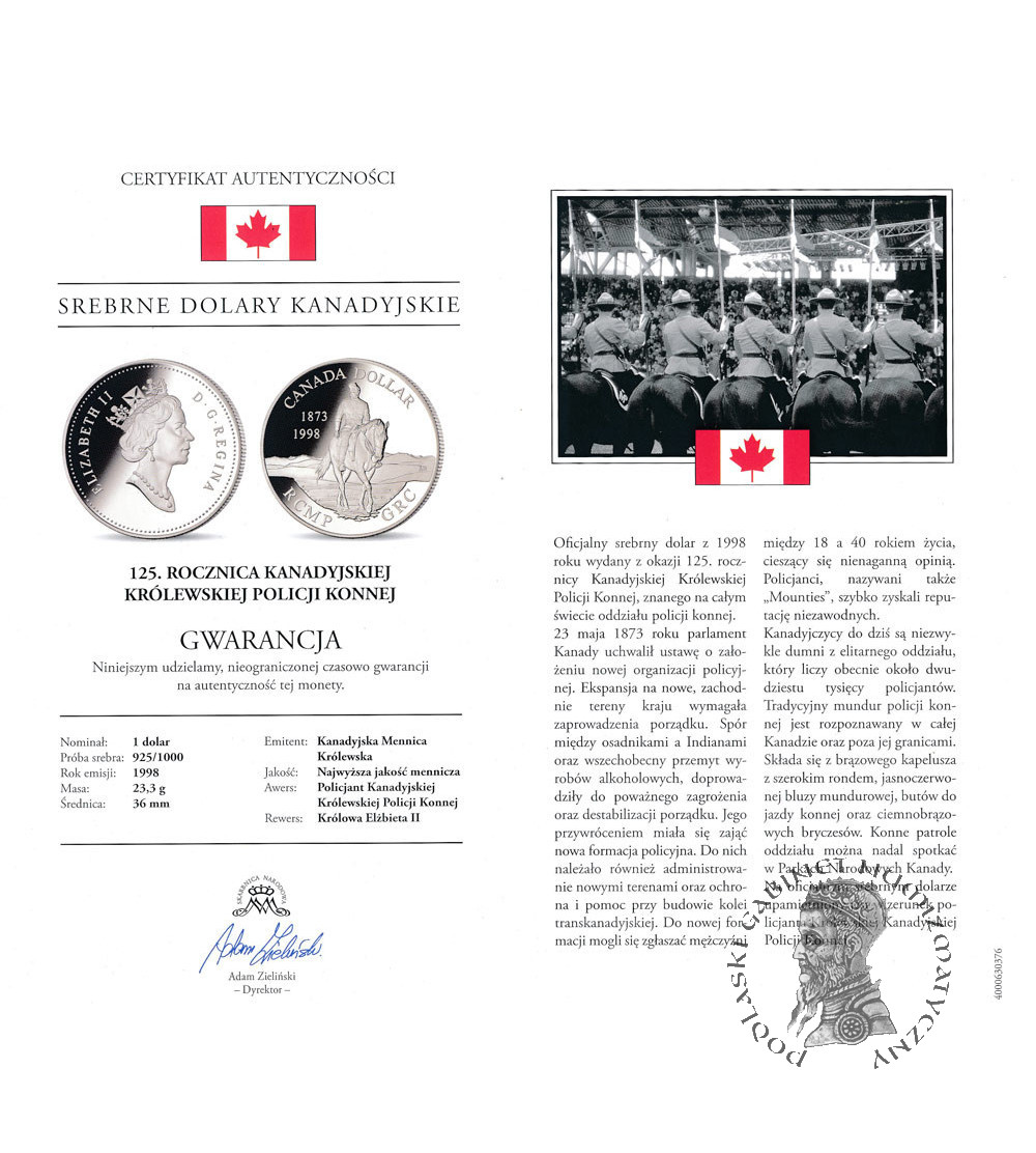 Kanada, Elżbieta II (1952-2022). 1 dolar 1998, 125 rocznica powstania Królewskiej Kanadyjskiej Policji Konnej - Proof