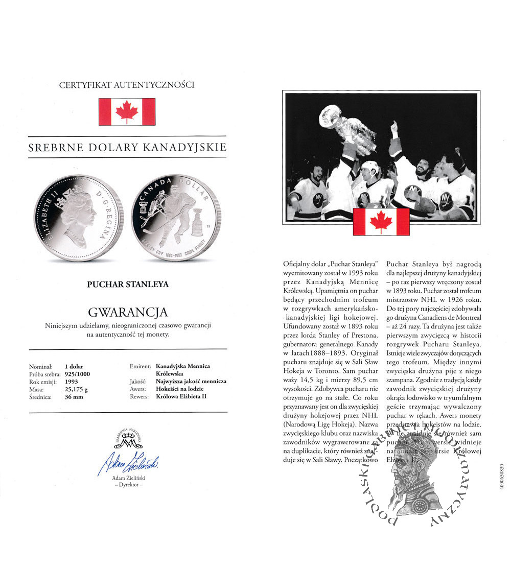 Kanada, Elżbieta II (1952-2022). 1 dolar 1993, 100 rocznica Pucharu Stanleya, Kolekcja: "Srebrne dolary kanadyjskie" - Proof