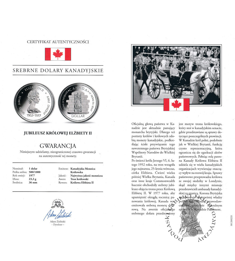 Kanada, Elżbieta II (1952-2022). 1 dolar 1977, 25 rocznica koronacji Elżbiety II, Kolekcja: "Srebrne dolary kanadyjskie"