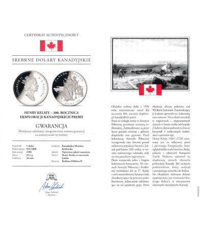 Canada, Elizabeth II (1952-2022). 1 Dollar 1990, 300th anniversary of Henry Kelsey`s expeditions, Collection: “Canadian Silver Dollars” - Proof
