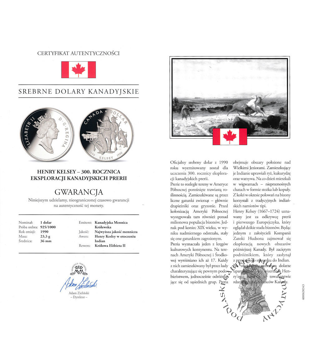 Canada, Elizabeth II (1952-2022). 1 Dollar 1990, 300th anniversary of Henry Kelsey`s expeditions, Collection: “Canadian Silver Dollars” - Proof