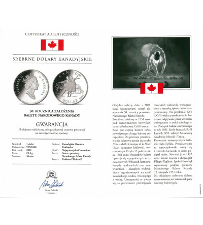 Canada, Elizabeth II (1952-2022). 1 dollar 2001, 50th anniversary of the founding of the Canada National Ballet - Proof