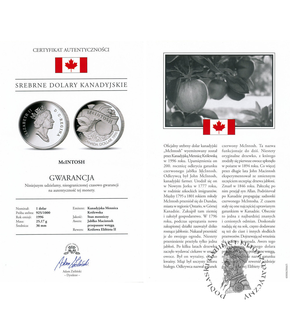 Kanada, Elżbieta II (1952-2022). 1 dolar 1996, 200 rocznica odkrycia Jabłka McIntosh - Proof