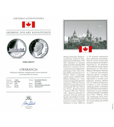 Kanada, Jerzy VI (1936-1952). 1 dolar 1939, Parlament, Królewska Wizyta w Ottawie