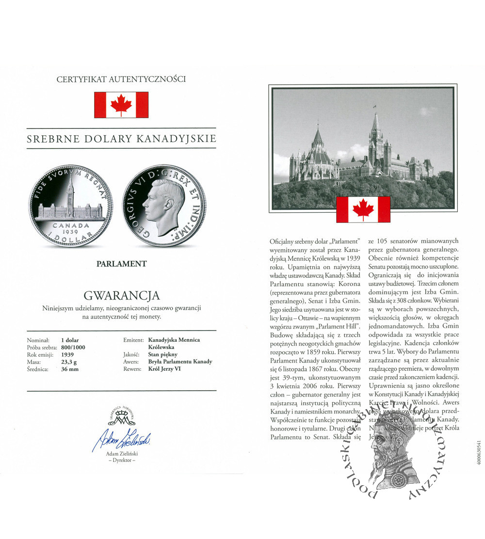 Canada, George VI (1936-1952). 1 Dollar 1939, Parliament, Royal Visit to Ottawa