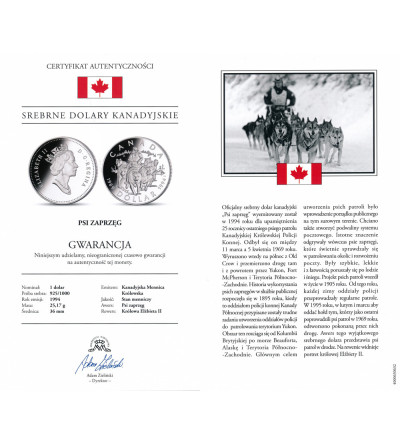 Kanada, Elżbieta II (1952-2022). 1 dolar 1994, 25 rocznica ostatniego patrolu RCMP - Proof
