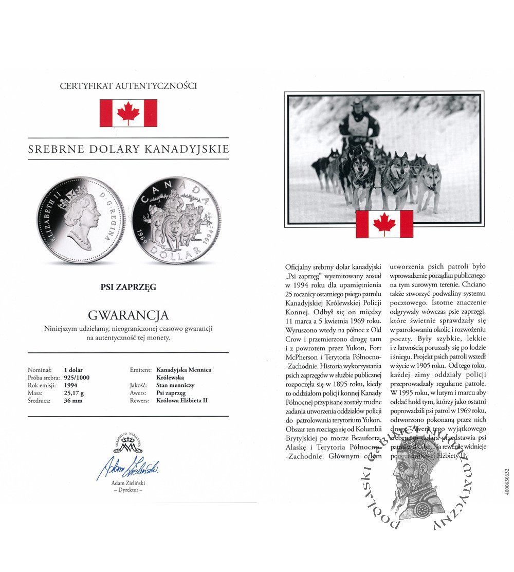 Kanada, Elżbieta II (1952-2022). 1 dolar 1994, 25 rocznica ostatniego patrolu RCMP - Proof