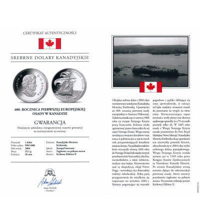 Kanada, Elżbieta II (1952-2022). 1 dolar 2004, 400 rocznica pierwszej europejskiej osady w Kanadzie