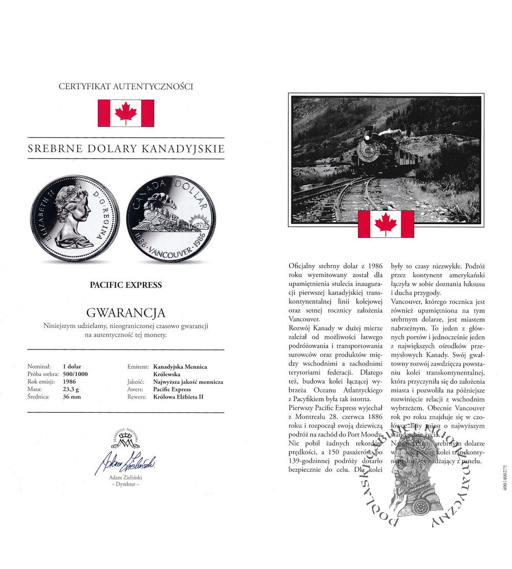 Kanada, Elżbieta II (1952-2022). 1 dolar 1986, Stulecie Vancouver, Kolekcja: "Srebrne dolary kanadyjskie"