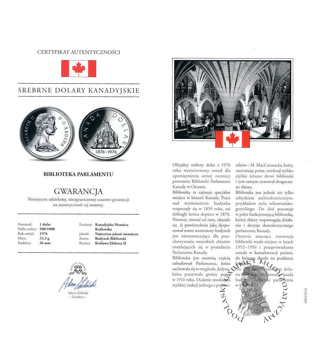 Kanada, Elżbieta II (1952-2022). 1 dolar 1976, 100-lecie Biblioteki Parlamentarnej w Ottawie