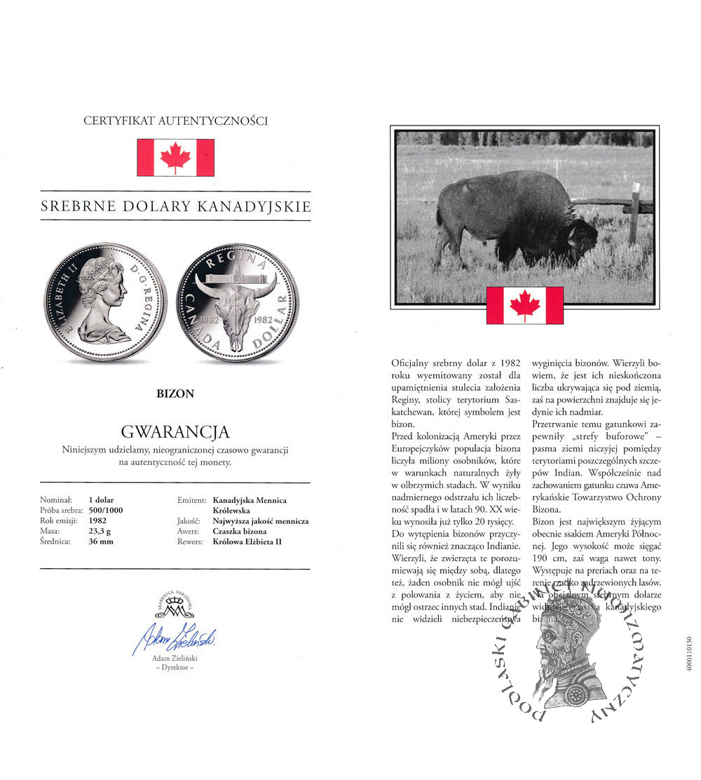 Kanada, Elżbieta II (1952-2022). 1 dolar 1982, Bizon, 100-lecie miasta Regina, Kolekcja: "Srebrne dolary kanadyjskie" - Proof