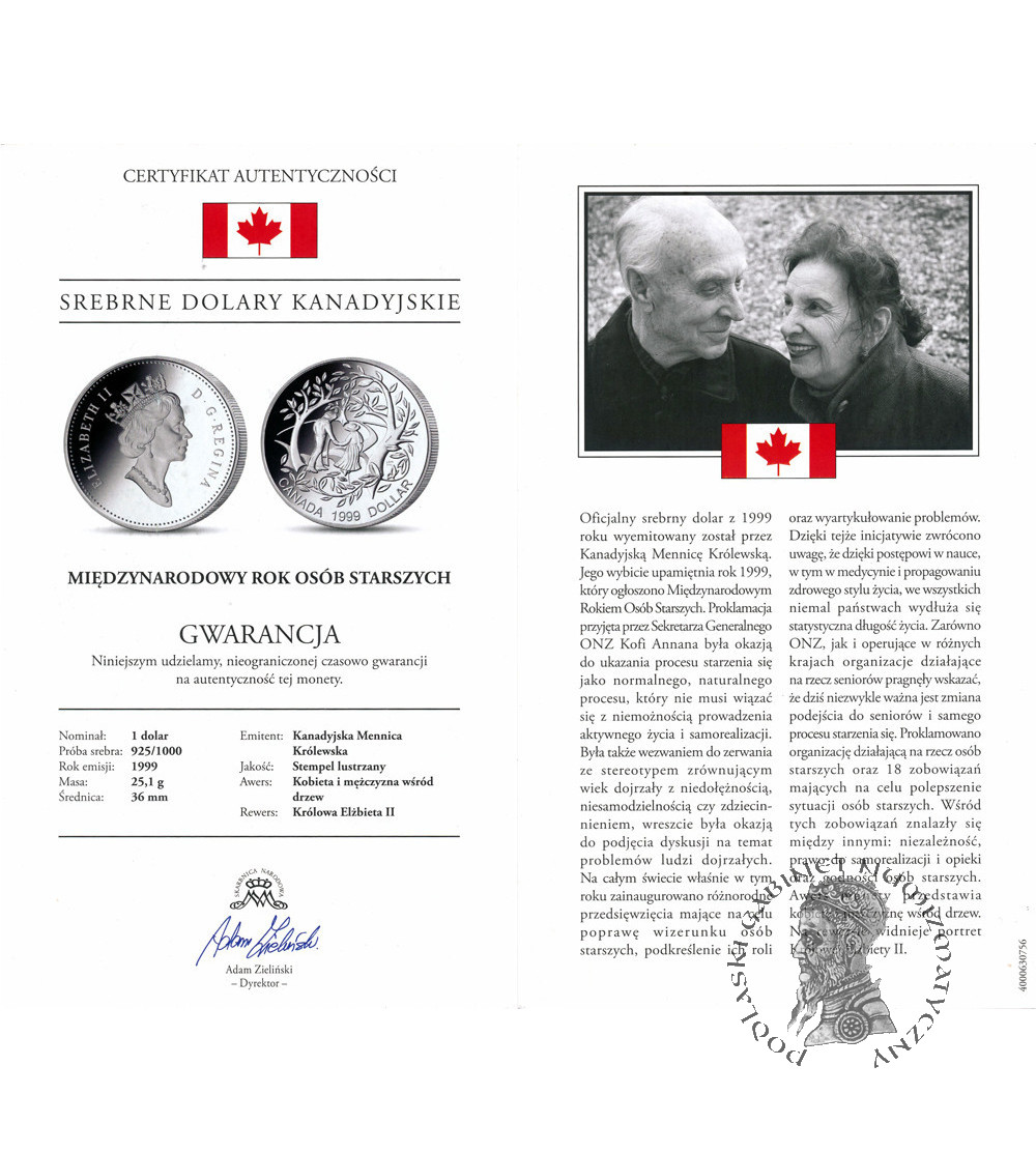 Kanada, Elżbieta II (1952-2022). 1 dolar 1999, Międzynarodowy Rok Osób Starszych - Proof