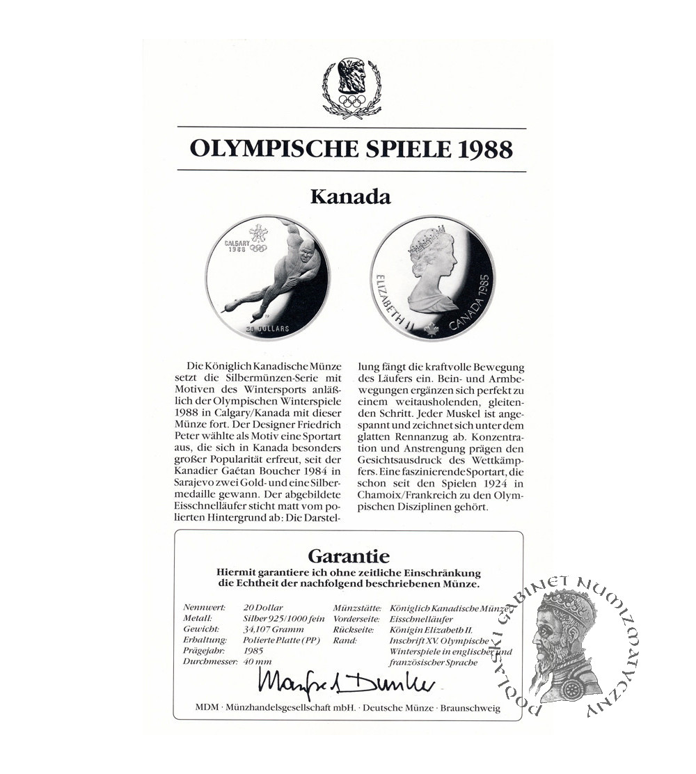 Kanada, Elżbieta II (1952-2022). 20 dolarów 1985, Łyżwiarstwo szybkie, Seria: Zimowe Igrzyska Olimpijskie 1988, Calgary - Proof