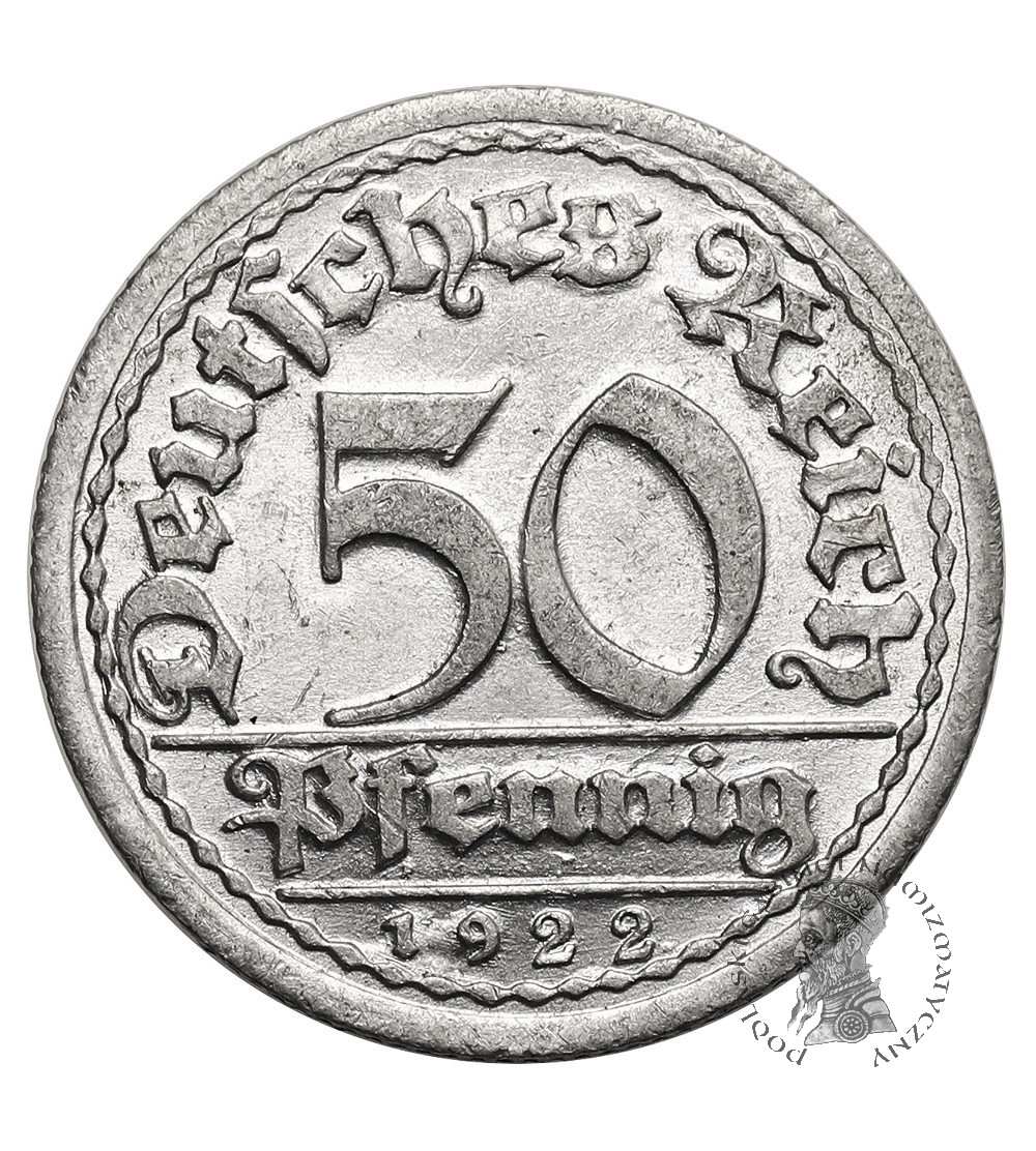 Niemcy, Republika Weimarska (1918 - 1933). 50 fenigów 1922 G, Mennica Krajowa w Karlsruhe / Mennice Krajowe w Badenii-Wirtembergii