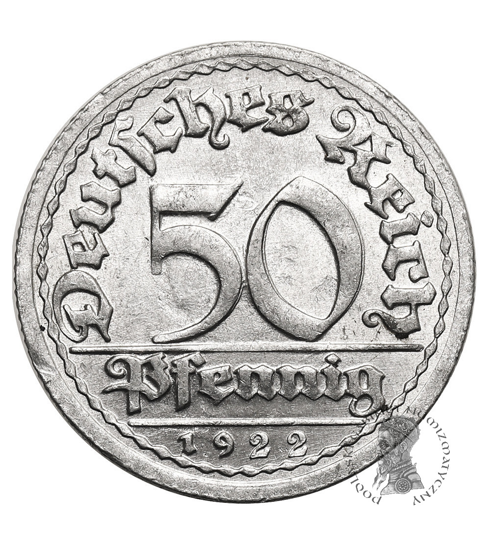 Niemcy, Republika Weimarska (1918 - 1933). 50 fenigów 1922 G, Mennica Krajowa w Karlsruhe / Mennice Krajowe w Badenii-Wirtembergii