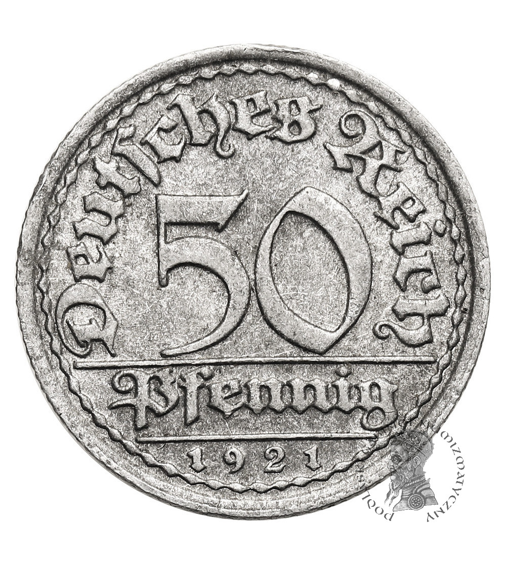 Germany, Weimar Republic (1918 - 1933). 50 Pfennigs 1921 F, State Mint of Stuttgart - Mint error / Double die