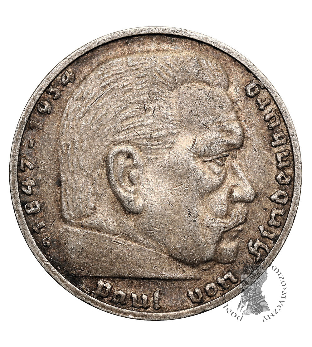Germany, Third Reich (1933–1945). 5 Mark 1938 G, Karlsruhe, Paul von Hindenburg