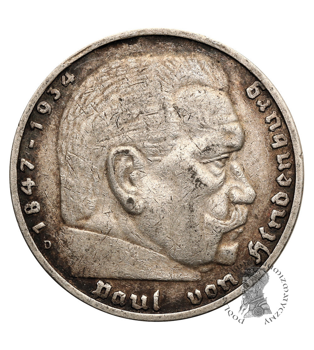 Niemcy, III Rzesza (1933-1945). 5 marek (Reichsmark) 1935 D, Monachium, Paul von Hindenburg