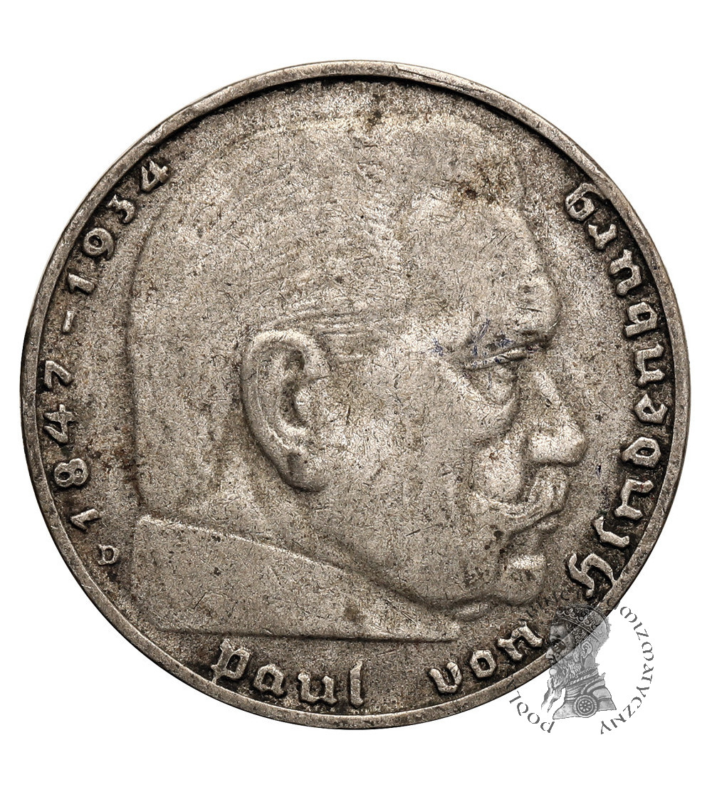 Germany, Third Reich (1933–1945). 2 Mark (Reichsmark) 1937 D, Munich, Paul von Hindenburg