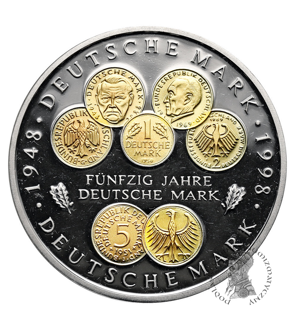 Niemcy. 10 marek 1998 D, Monachium, 50. rocznica wprowadzenia marki niemieckiej - moneta platerowana złotem