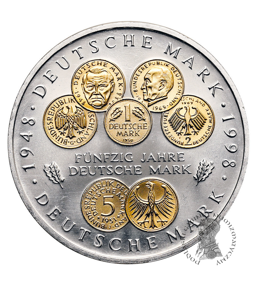 Niemcy. 10 marek 1998 F, Stuttgart, 50. rocznica wprowadzenia marki niemieckiej - moneta platerowana złotem