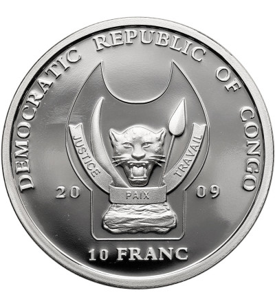 Kongo, Republika Demokratyczna. 10 franków 2009, Struś, Seria: Zagrożone gatunki dzikich zwierząt - Proof