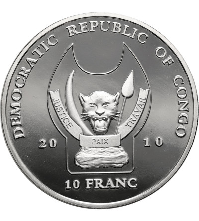 Kongo, Republika Demokratyczna. 10 franków 2010, Okapi, Seria: Zagrożone gatunki dzikich zwierząt - Proof