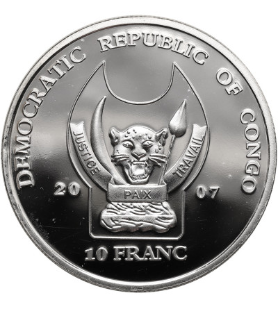 Kongo, Republika Demokratyczna. 10 franków 2007, Żyrafa, Seria: Zagrożone gatunki dzikich zwierząt - Proof