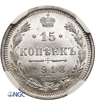 Rosja, Mikołaj II 1894-1917. 15 kopiejek 1913 СПБ-ВС, St. Petersburg - NGC MS 67