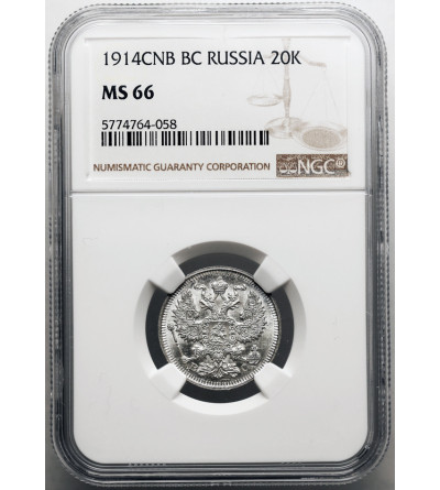 Russia, Nicholas II 1894-1917. 20 Kopeks 1914 CПБ-BC, St. Petersburg - NGC MS 66