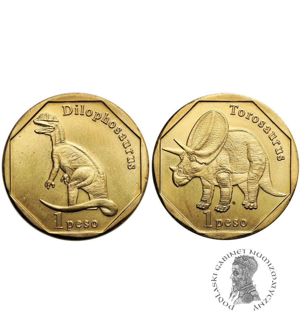 Sint Maarten. Zestaw 2 monet o nominale 1 Peso z 2018 r., Dilophosaurus i Torosaurus