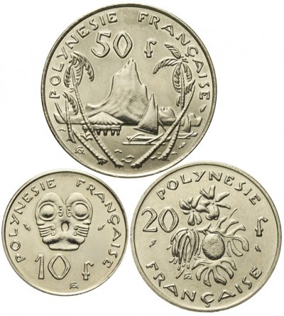 Francuska Polinezja. Zestaw 10, 20, 50 franków 1973 - 1979, 3 sztuki