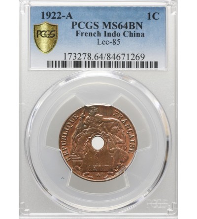 Indochiny Francuskie 1 cent 1922 A - PCGS MS 64 BN