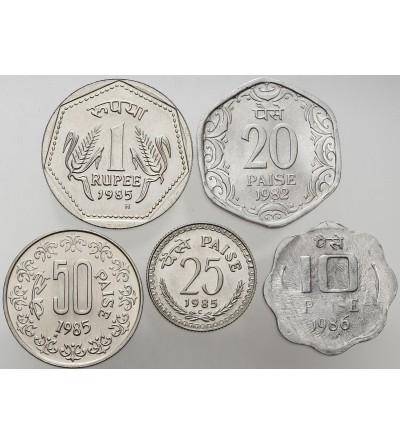 Indie zestaw monet 10, 20, 25, 50 paisa 1 rupia 1982-1986, 5 sztuk