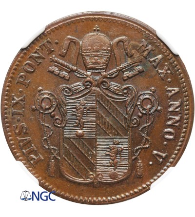 Papal States Baiocco 1851 R, AN V, Pius IX - NGC MS 64 BN