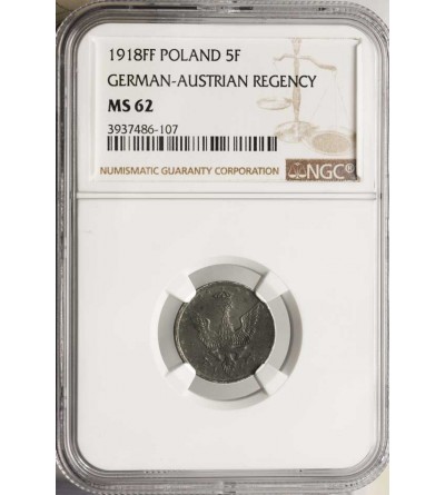 Kingdom of Poland (WWI German Occupation). 5 Pfennig 1918 FF, Stuttgart - NGC MS 62