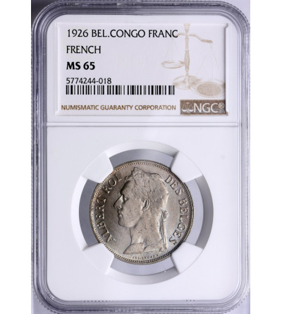 Belgian Congo 1 Franc 1926, CONGO BELGE - NGC MS 65