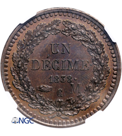 Monako 10 Centimes (Decime) 1838 MC, próba E.ROGAT - NGC MS 66 BN