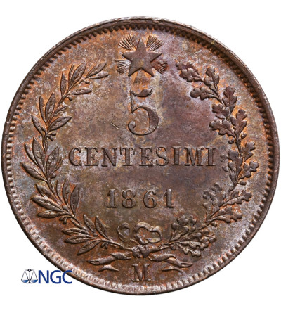 Włochy 5 Centesimi 1861 M, Mediolan, Vittorio Emanuele II - NGC MS 63 BN